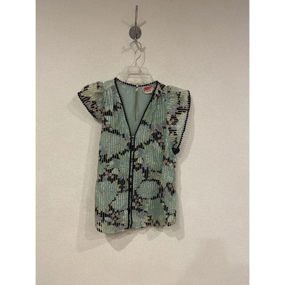 Kate Spade Dahlia Bloom Burnout Blouse Womens XXS Green Floral Flutter Top